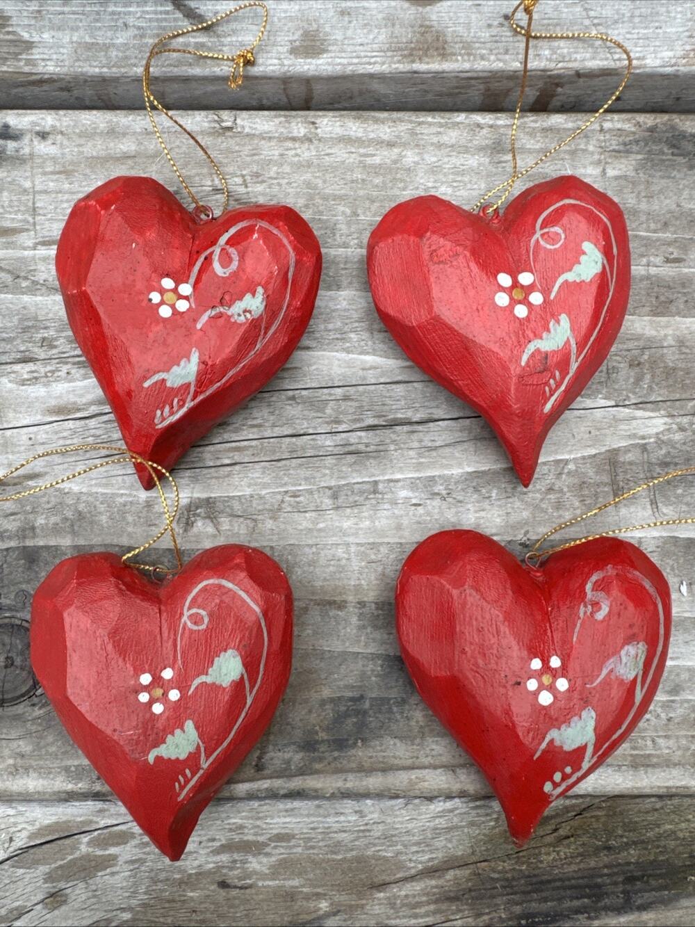 Vtg House of Hatten Resin Painted Red Heart Christmas Ornaments Set of 4